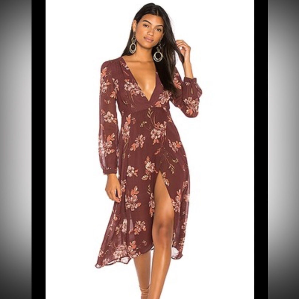 ASTR the Label Nikki Dress, a long-sleeve burgundy floral wrap dress xs